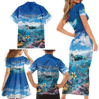 Personalised Palau Kayangel Atoll Family Matching Short Sleeve Bodycon Dress and Hawaiian Shirt Turtle With Coral Reef Under Water LT9 - Polynesian Pride