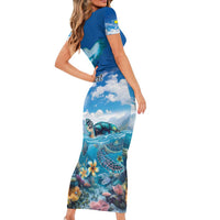 Personalised Palau Kayangel Atoll Family Matching Short Sleeve Bodycon Dress and Hawaiian Shirt Turtle With Coral Reef Under Water LT9 - Polynesian Pride