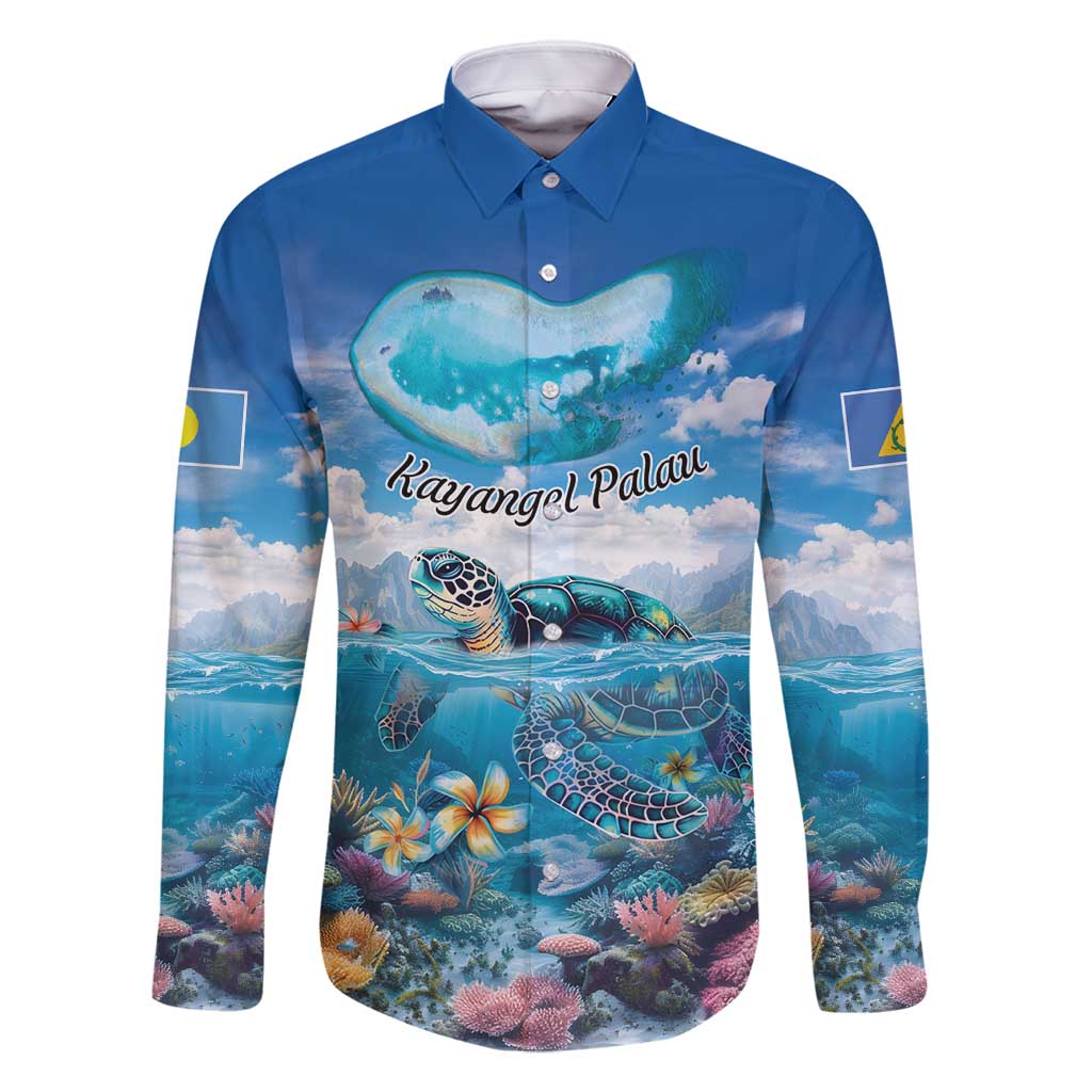 Personalised Palau Kayangel Atoll Family Matching Summer Maxi Dress and Hawaiian Shirt Turtle With Coral Reef Under Water LT9 Dad's Shirt - Long Sleeve Blue - Polynesian Pride