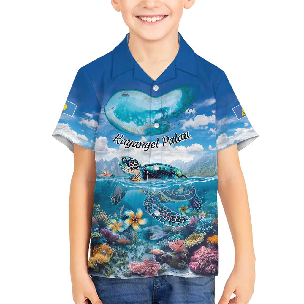 Personalised Palau Kayangel Atoll Family Matching Summer Maxi Dress and Hawaiian Shirt Turtle With Coral Reef Under Water LT9 Son's Shirt Blue - Polynesian Pride