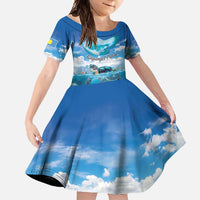 Personalised Palau Kayangel Atoll Family Matching Tank Maxi Dress and Hawaiian Shirt Turtle With Coral Reef Under Water LT9 Daughter's Dress Blue - Polynesian Pride