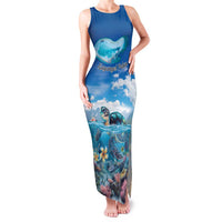 Personalised Palau Kayangel Atoll Family Matching Tank Maxi Dress and Hawaiian Shirt Turtle With Coral Reef Under Water LT9 Mom's Dress Blue - Polynesian Pride