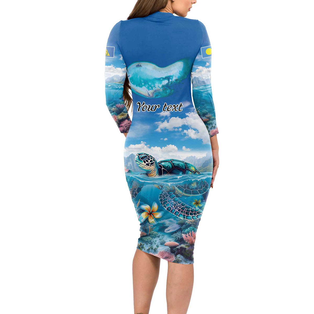Personalised Palau Kayangel Atoll Long Sleeve Bodycon Dress Turtle With Coral Reef Under Water LT9 - Polynesian Pride