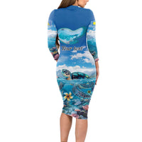 Personalised Palau Kayangel Atoll Long Sleeve Bodycon Dress Turtle With Coral Reef Under Water LT9 - Polynesian Pride