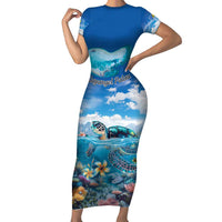 Personalised Palau Kayangel Atoll Short Sleeve Bodycon Dress Turtle With Coral Reef Under Water LT9 Long Dress Blue - Polynesian Pride