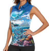 Personalised Palau Kayangel Atoll Women Sleeveless Polo Shirt Turtle With Coral Reef Under Water LT9 - Polynesian Pride