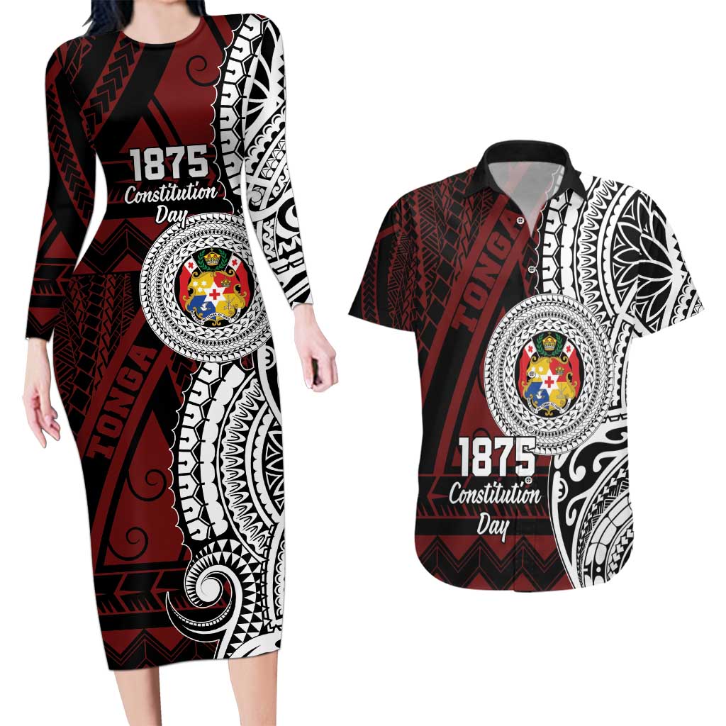 Personalised Tonga Constitution Day 1875 Couples Matching Long Sleeve Bodycon Dress and Hawaiian Shirt Polynesian Tribal Tattoo LT9 Red - Polynesian Pride