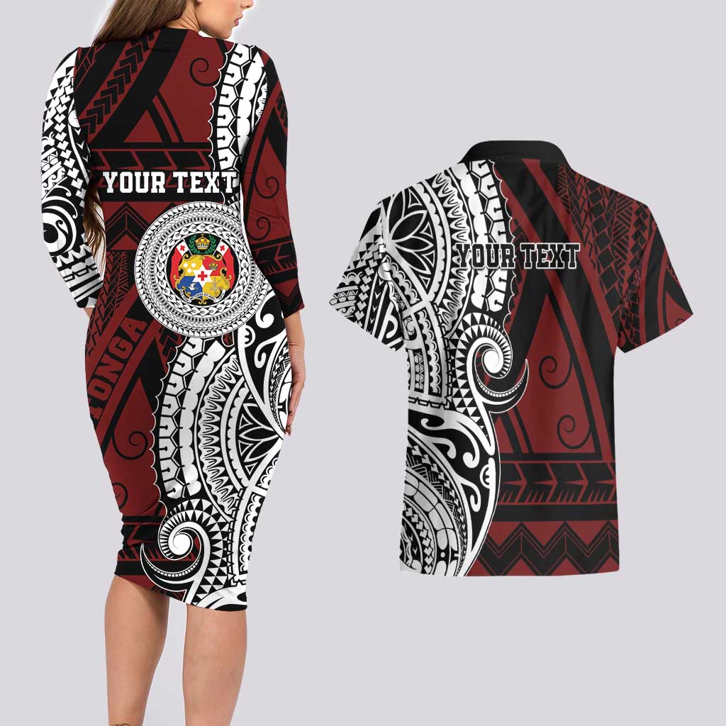 Personalised Tonga Constitution Day 1875 Couples Matching Long Sleeve Bodycon Dress and Hawaiian Shirt Polynesian Tribal Tattoo LT9 - Polynesian Pride