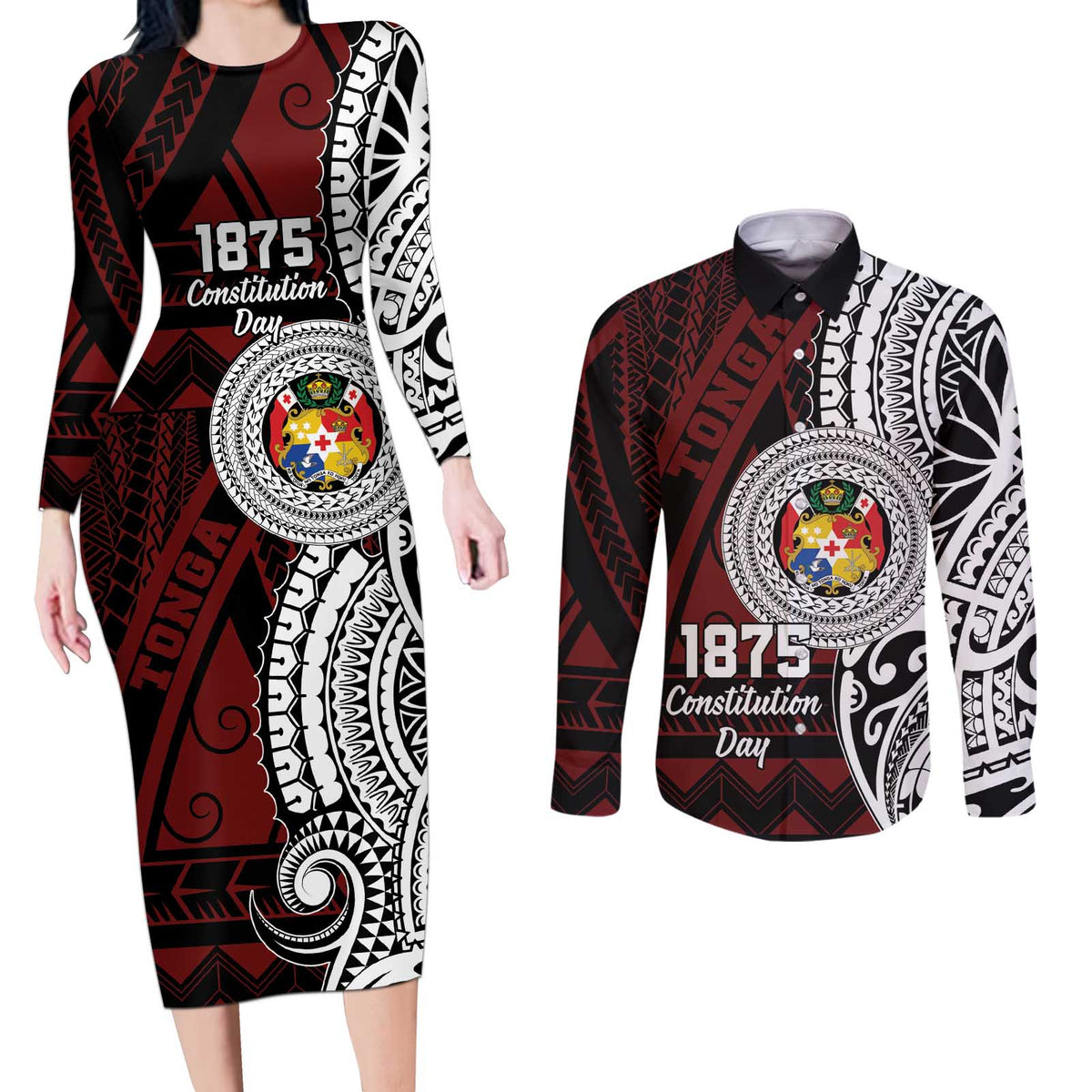 Personalised Tonga Constitution Day 1875 Couples Matching Long Sleeve Bodycon Dress and Long Sleeve Button Shirt Polynesian Tribal Tattoo LT9 Red - Polynesian Pride