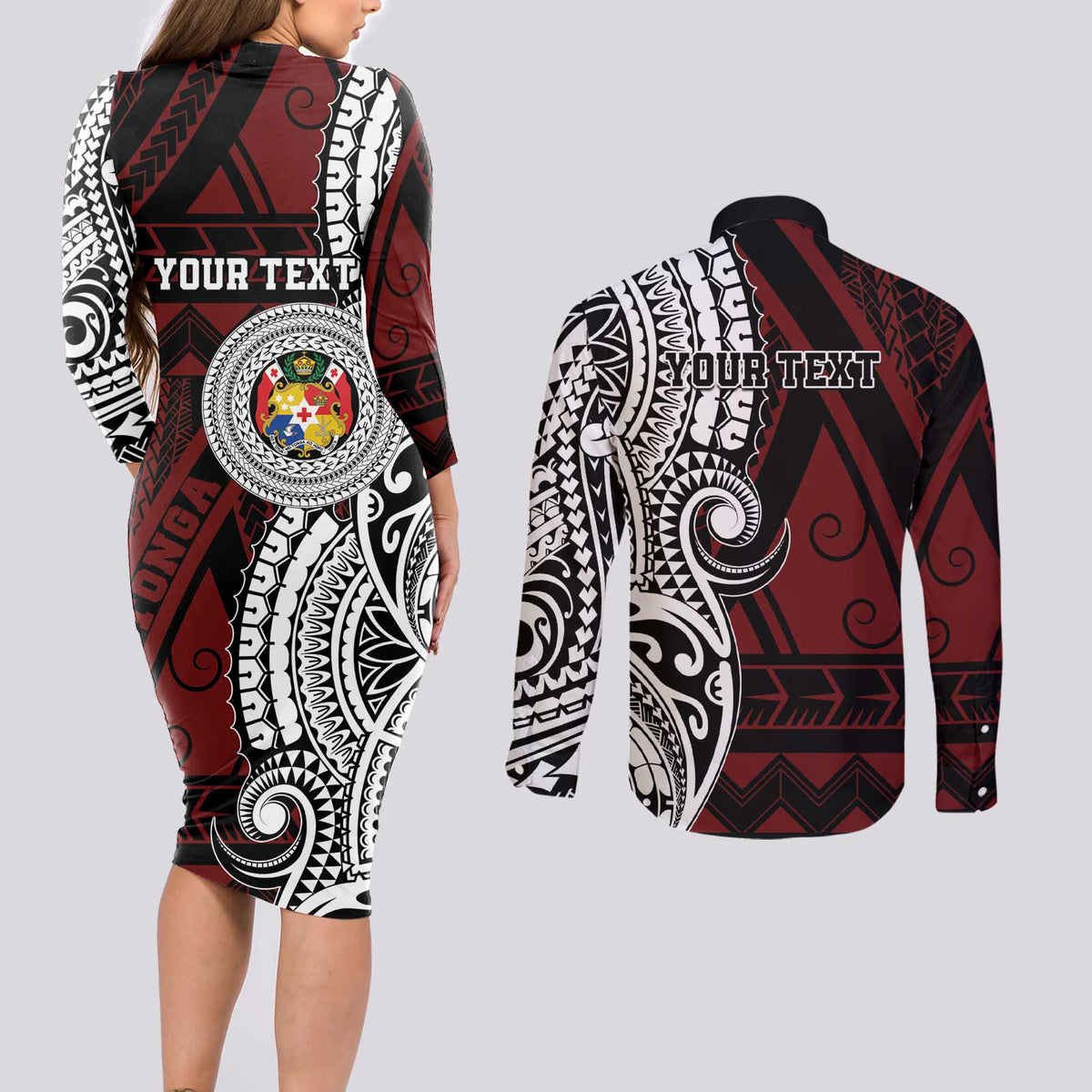 Personalised Tonga Constitution Day 1875 Couples Matching Long Sleeve Bodycon Dress and Long Sleeve Button Shirt Polynesian Tribal Tattoo LT9 - Polynesian Pride