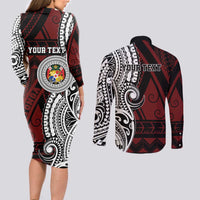 Personalised Tonga Constitution Day 1875 Couples Matching Long Sleeve Bodycon Dress and Long Sleeve Button Shirt Polynesian Tribal Tattoo LT9 - Polynesian Pride