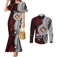 Personalised Tonga Constitution Day 1875 Couples Matching Mermaid Dress and Long Sleeve Button Shirt Polynesian Tribal Tattoo LT9 Red - Polynesian Pride