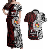 Personalised Tonga Constitution Day 1875 Couples Matching Off Shoulder Maxi Dress and Hawaiian Shirt Polynesian Tribal Tattoo LT9 Red - Polynesian Pride