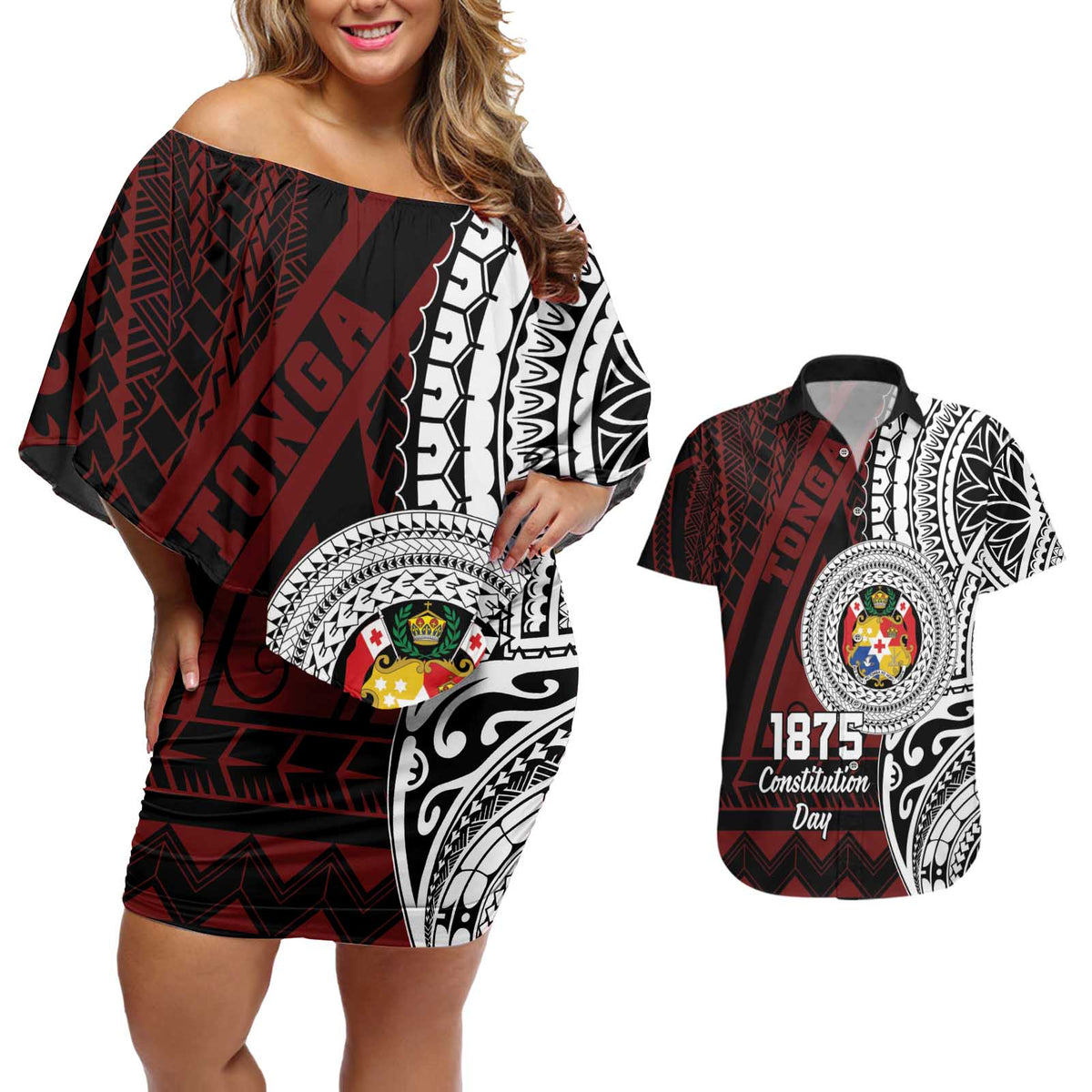 Personalised Tonga Constitution Day 1875 Couples Matching Off Shoulder Short Dress and Hawaiian Shirt Polynesian Tribal Tattoo LT9 Red - Polynesian Pride