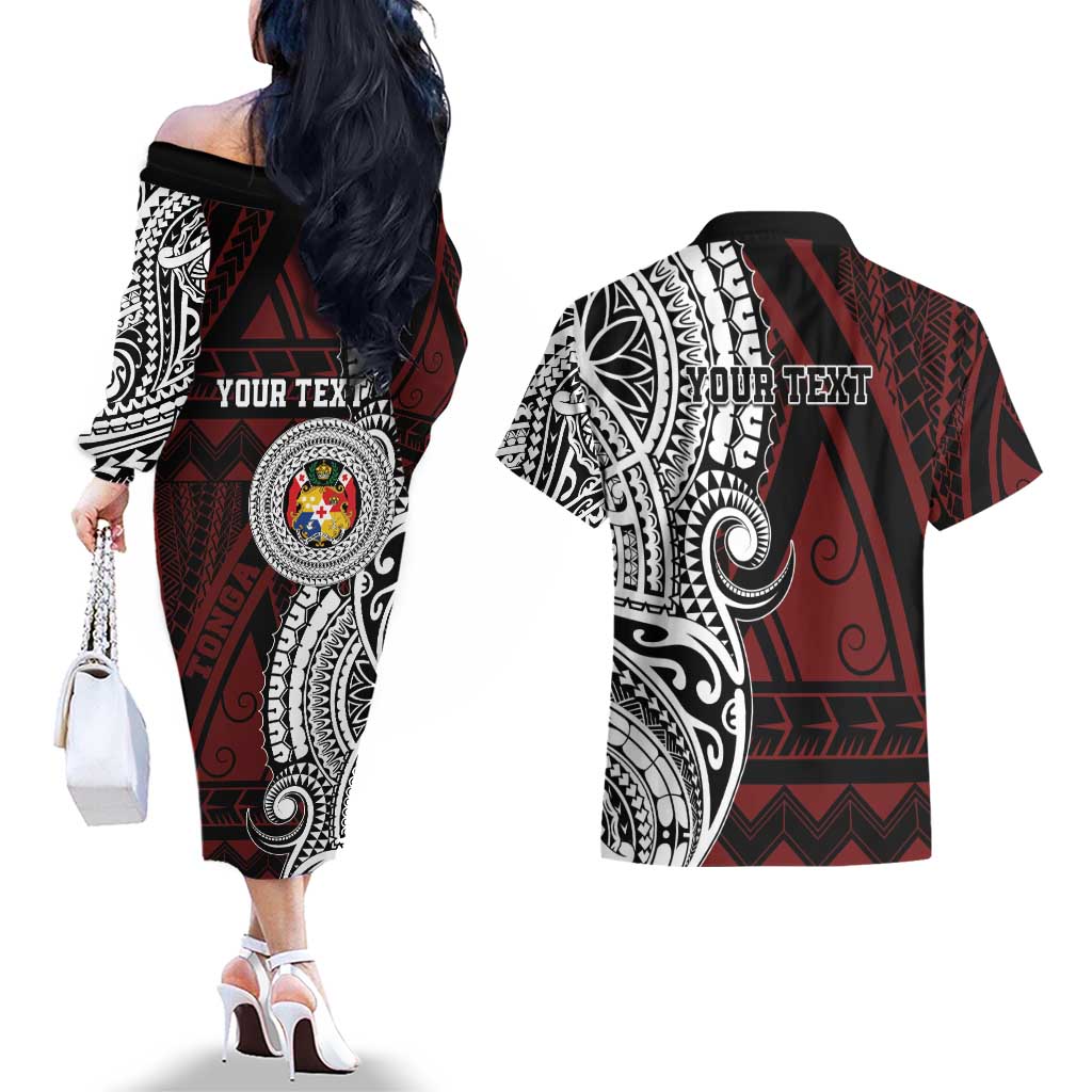 Personalised Tonga Constitution Day 1875 Couples Matching Off The Shoulder Long Sleeve Dress and Hawaiian Shirt Polynesian Tribal Tattoo LT9 - Polynesian Pride