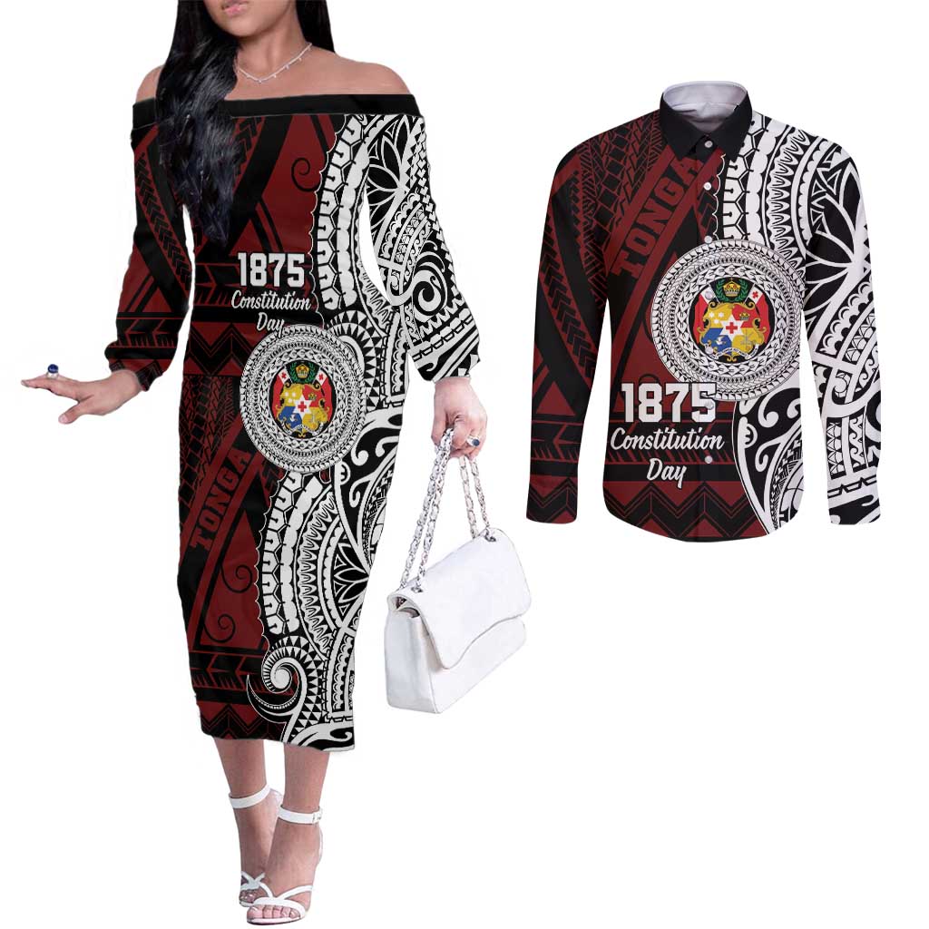 Personalised Tonga Constitution Day 1875 Couples Matching Off The Shoulder Long Sleeve Dress and Long Sleeve Button Shirt Polynesian Tribal Tattoo LT9 Red - Polynesian Pride