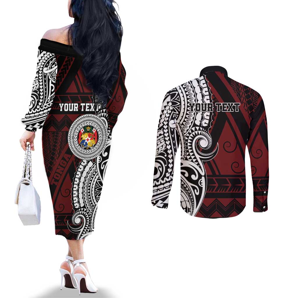 Personalised Tonga Constitution Day 1875 Couples Matching Off The Shoulder Long Sleeve Dress and Long Sleeve Button Shirt Polynesian Tribal Tattoo LT9 - Polynesian Pride