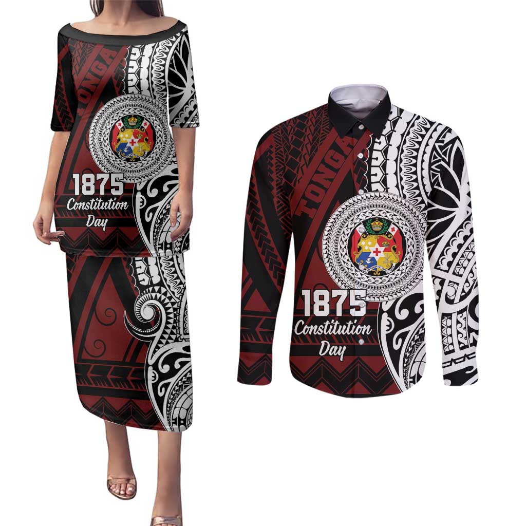 Personalised Tonga Constitution Day 1875 Couples Matching Puletasi and Long Sleeve Button Shirt Polynesian Tribal Tattoo LT9 Red - Polynesian Pride