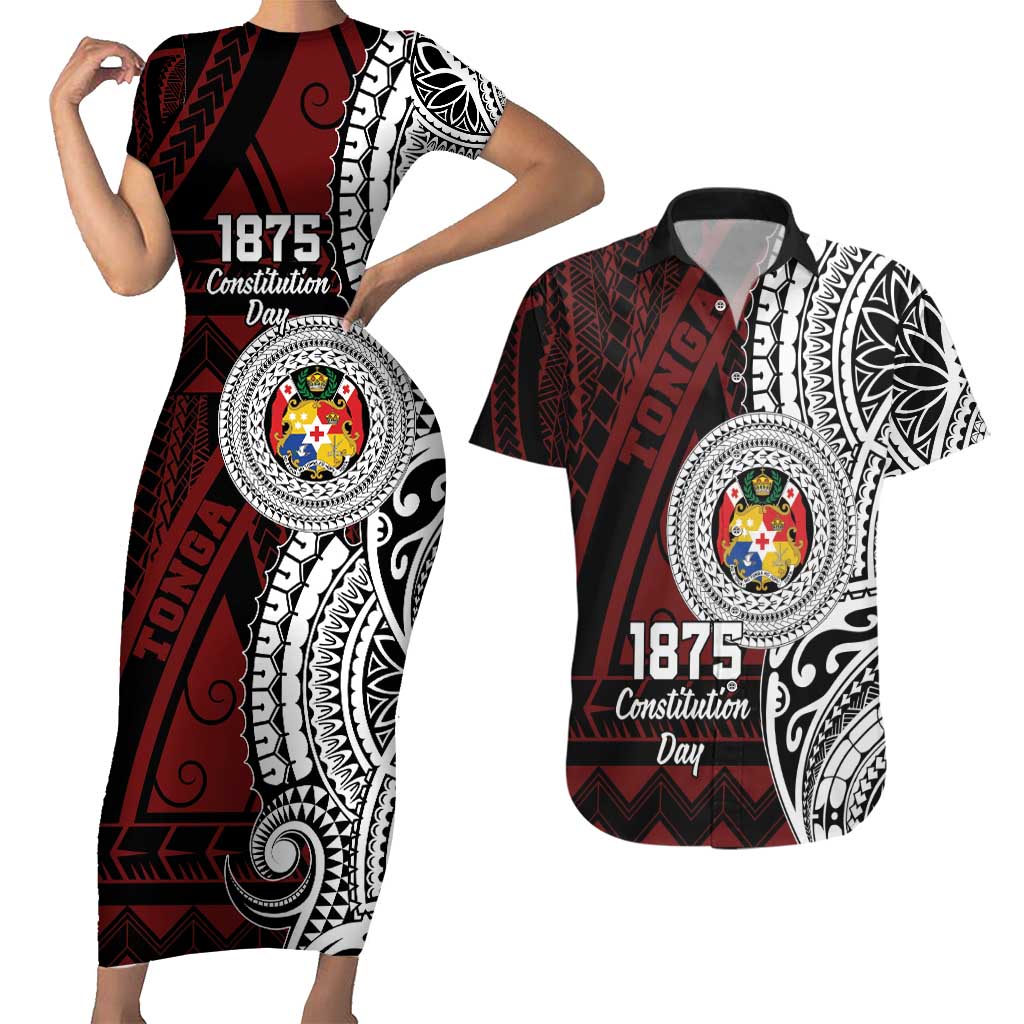 Personalised Tonga Constitution Day 1875 Couples Matching Short Sleeve Bodycon Dress and Hawaiian Shirt Polynesian Tribal Tattoo LT9 Red - Polynesian Pride
