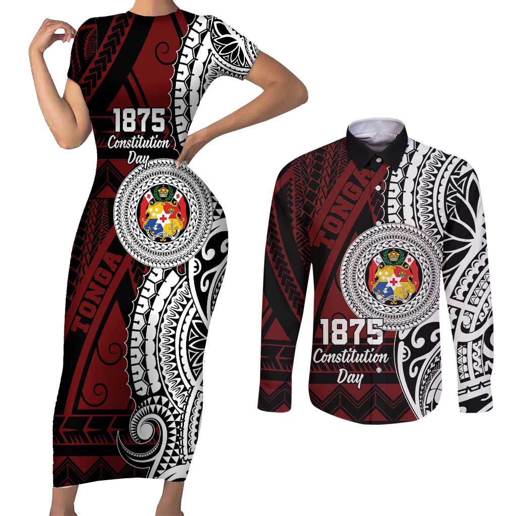 Personalised Tonga Constitution Day 1875 Couples Matching Short Sleeve Bodycon Dress and Long Sleeve Button Shirt Polynesian Tribal Tattoo LT9 Red - Polynesian Pride