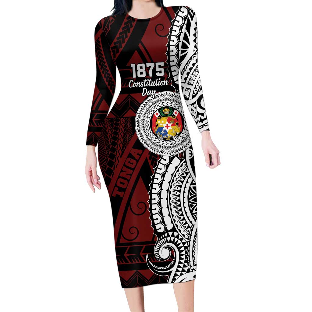 Personalised Tonga Constitution Day 1875 Family Matching Long Sleeve Bodycon Dress and Hawaiian Shirt Polynesian Tribal Tattoo LT9 Mom's Dress Red - Polynesian Pride