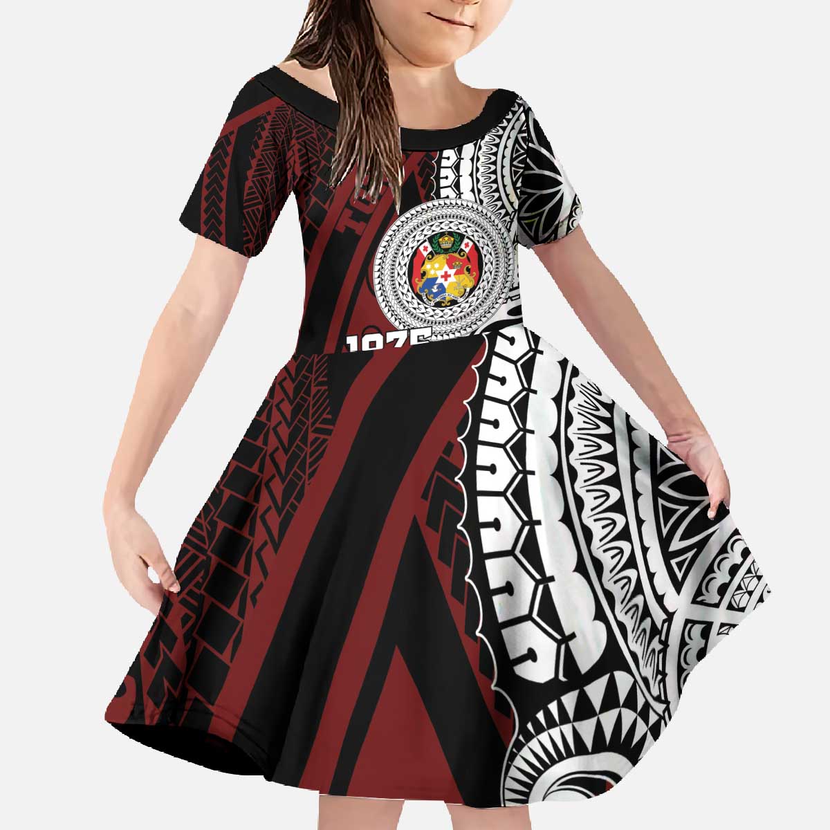 Personalised Tonga Constitution Day 1875 Family Matching Off The Shoulder Long Sleeve Dress and Hawaiian Shirt Polynesian Tribal Tattoo LT9 Daughter's Dress Red - Polynesian Pride