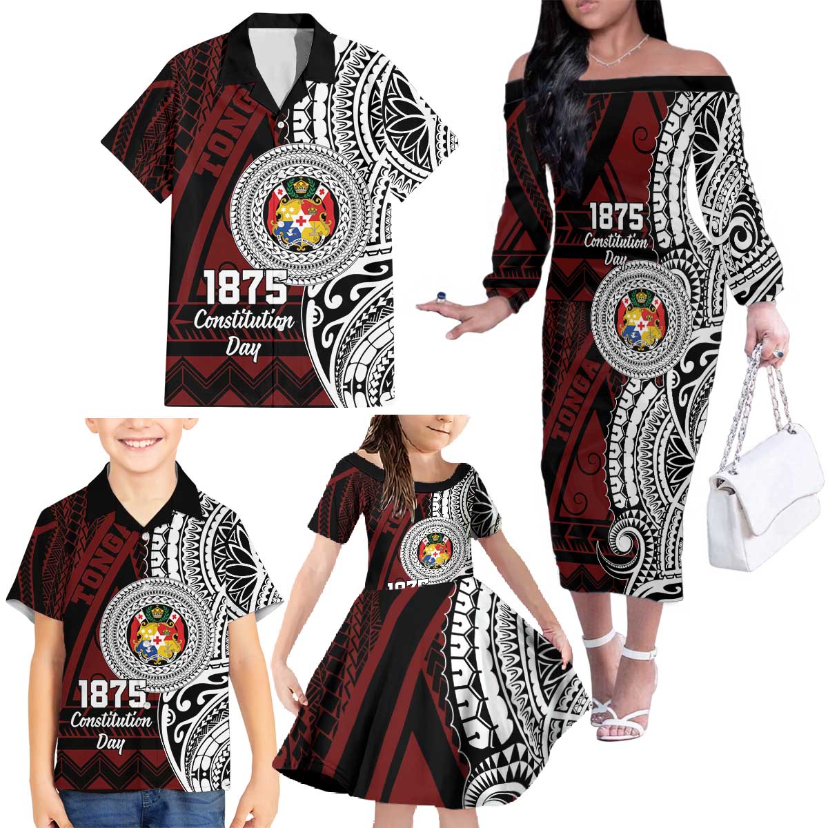 Personalised Tonga Constitution Day 1875 Family Matching Off The Shoulder Long Sleeve Dress and Hawaiian Shirt Polynesian Tribal Tattoo LT9 - Polynesian Pride