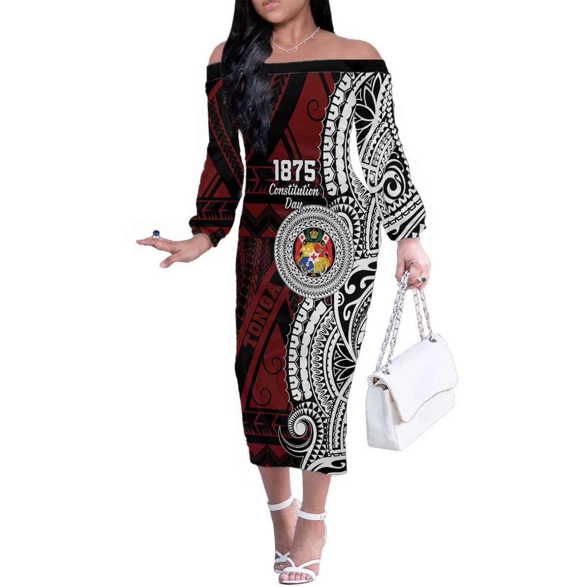 Personalised Tonga Constitution Day 1875 Family Matching Off The Shoulder Long Sleeve Dress and Hawaiian Shirt Polynesian Tribal Tattoo LT9 Mom's Dress Red - Polynesian Pride
