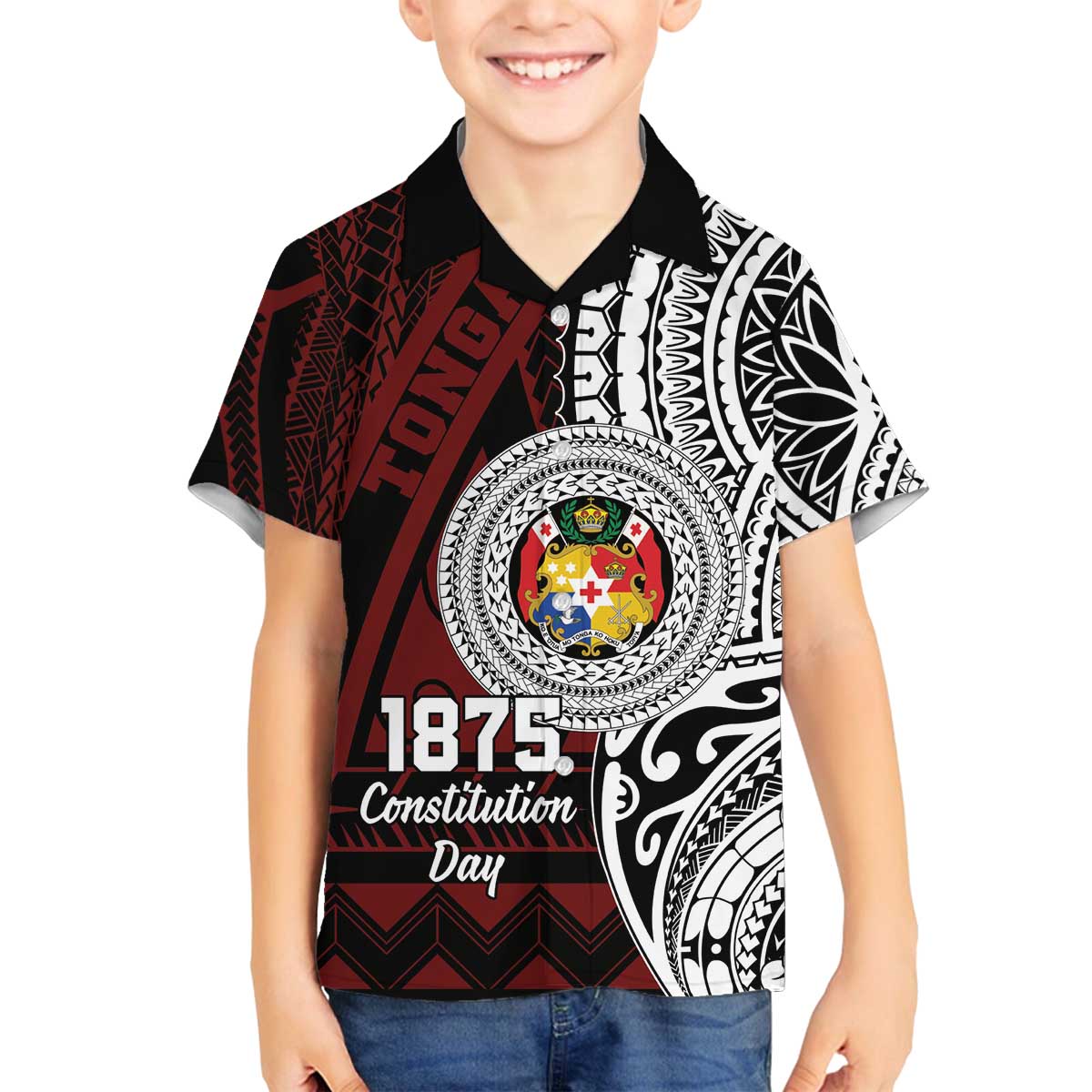 Personalised Tonga Constitution Day 1875 Family Matching Off The Shoulder Long Sleeve Dress and Hawaiian Shirt Polynesian Tribal Tattoo LT9 Son's Shirt Red - Polynesian Pride