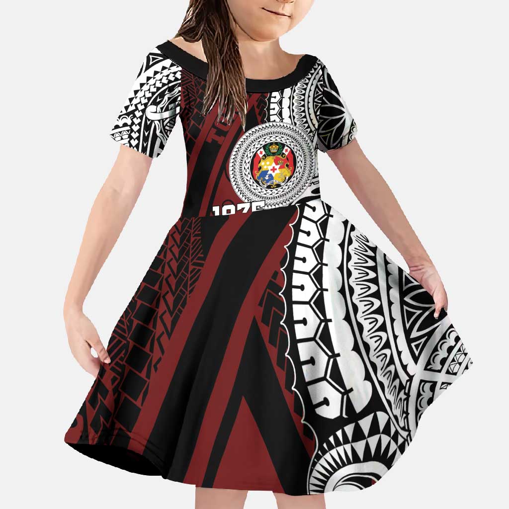 Personalised Tonga Constitution Day 1875 Family Matching Off Shoulder Maxi Dress and Hawaiian Shirt Polynesian Tribal Tattoo LT9 Daughter's Dress Red - Polynesian Pride