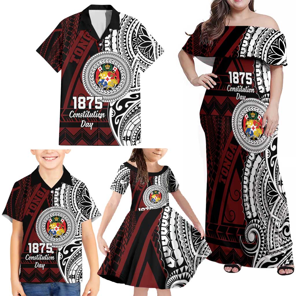 Personalised Tonga Constitution Day 1875 Family Matching Off Shoulder Maxi Dress and Hawaiian Shirt Polynesian Tribal Tattoo LT9 - Polynesian Pride