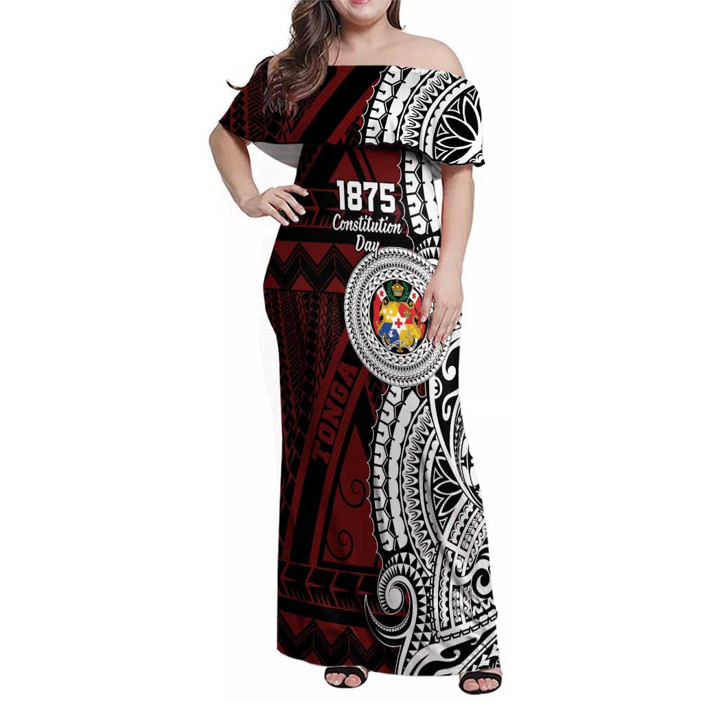 Personalised Tonga Constitution Day 1875 Family Matching Off Shoulder Maxi Dress and Hawaiian Shirt Polynesian Tribal Tattoo LT9 Mom's Dress Red - Polynesian Pride