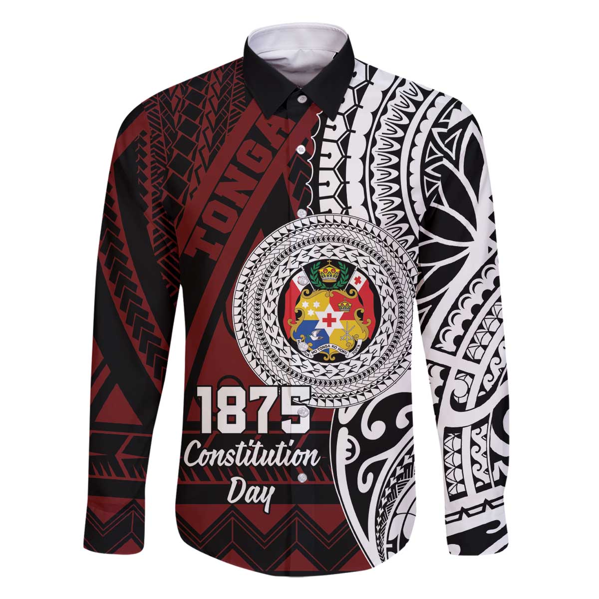 Personalised Tonga Constitution Day 1875 Family Matching Off Shoulder Short Dress and Hawaiian Shirt Polynesian Tribal Tattoo LT9 Dad's Shirt - Long Sleeve Red - Polynesian Pride