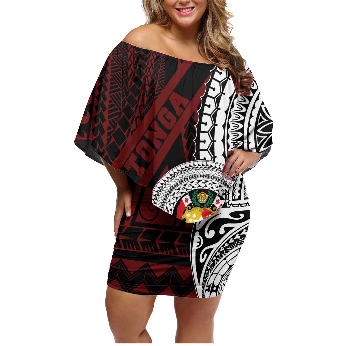 Personalised Tonga Constitution Day 1875 Family Matching Off Shoulder Short Dress and Hawaiian Shirt Polynesian Tribal Tattoo LT9 Mom's Dress Red - Polynesian Pride