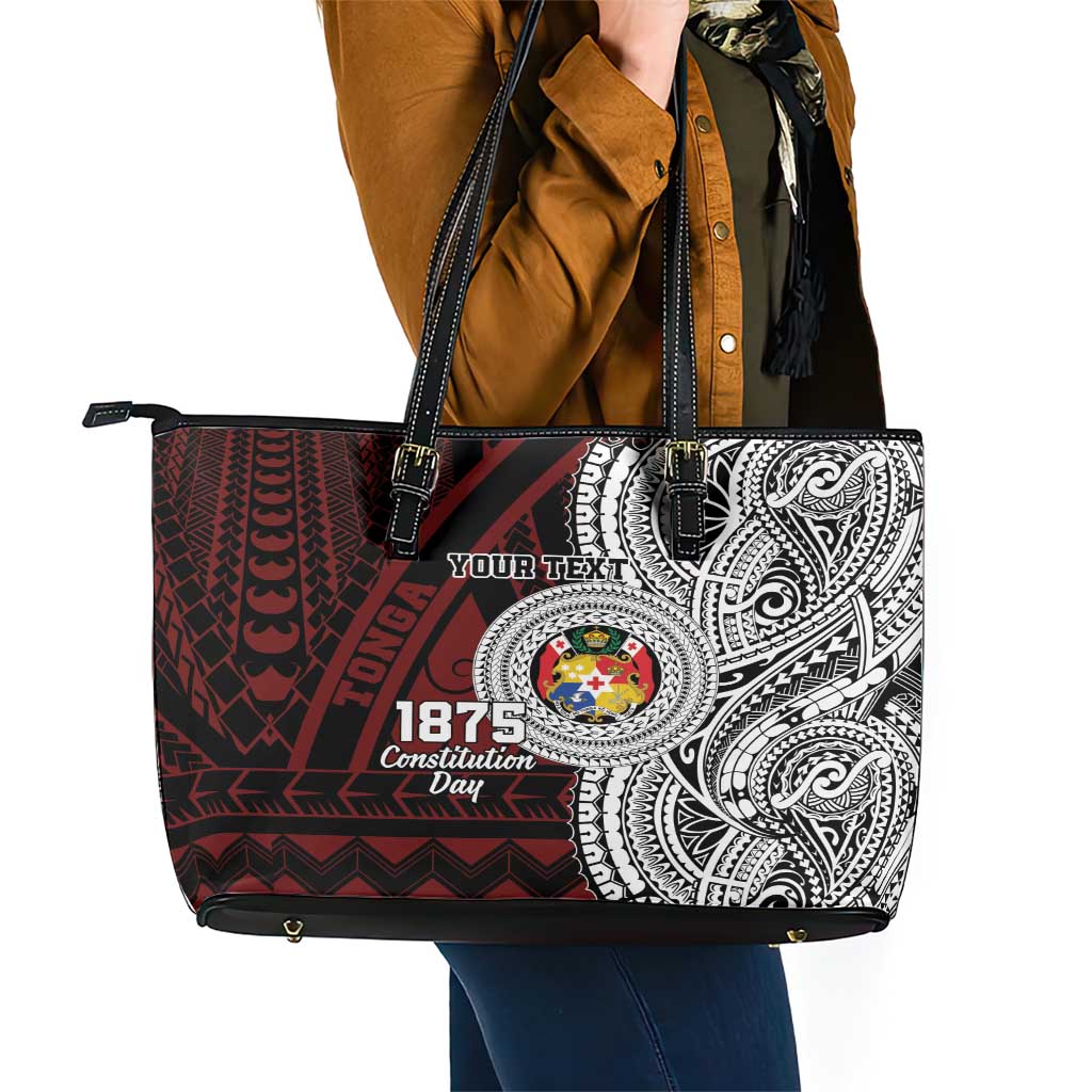 Personalised Tonga Constitution Day 1875 Leather Tote Bag Polynesian Tribal Tattoo