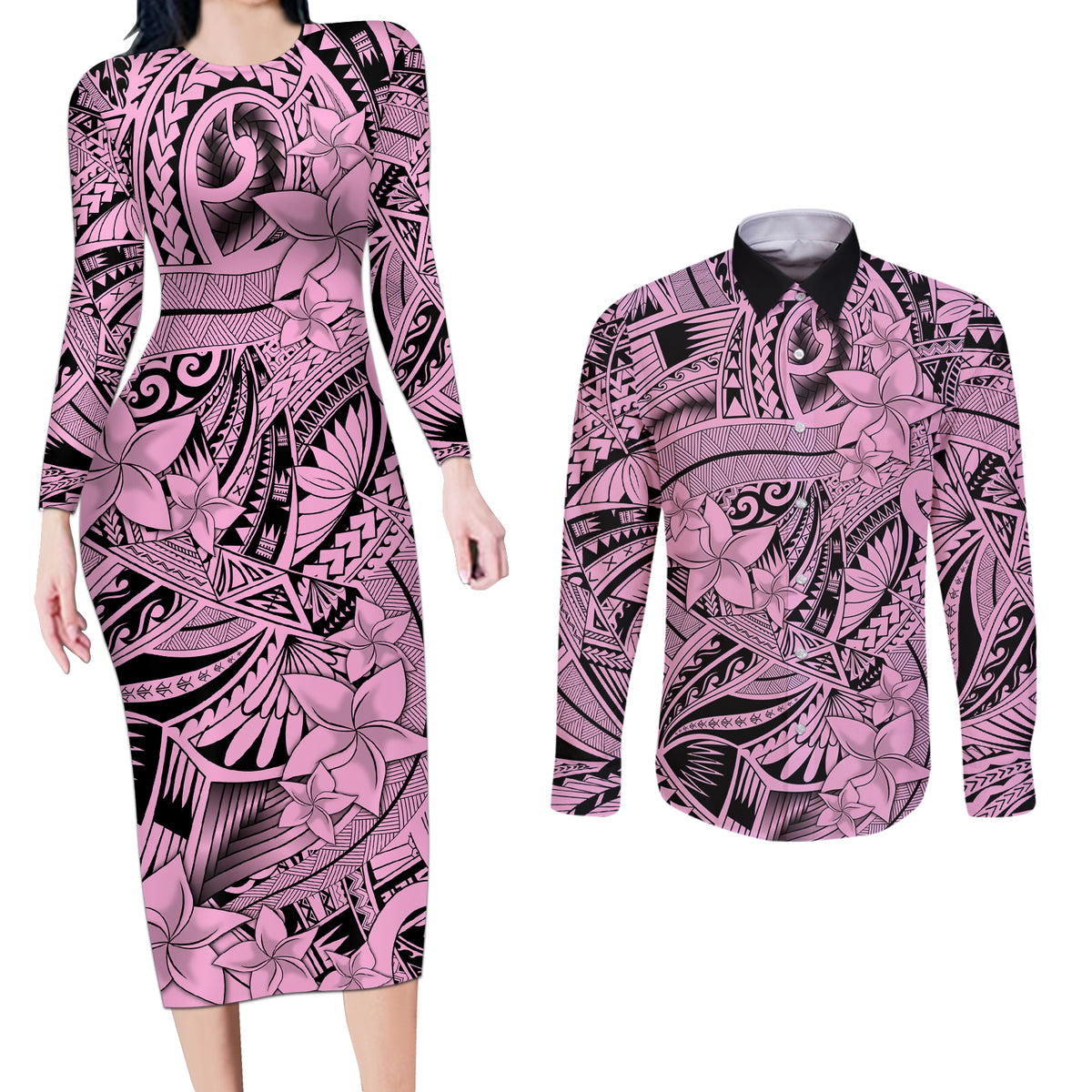 Polynesia Couples Matching Long Sleeve Bodycon Dress and Long Sleeve Button Shirt Tribal Polynesian Spirit With Pink Pacific Flowers LT9 Pink - Polynesian Pride
