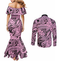 Polynesia Couples Matching Mermaid Dress and Long Sleeve Button Shirt Tribal Polynesian Spirit With Pink Pacific Flowers LT9 - Polynesian Pride