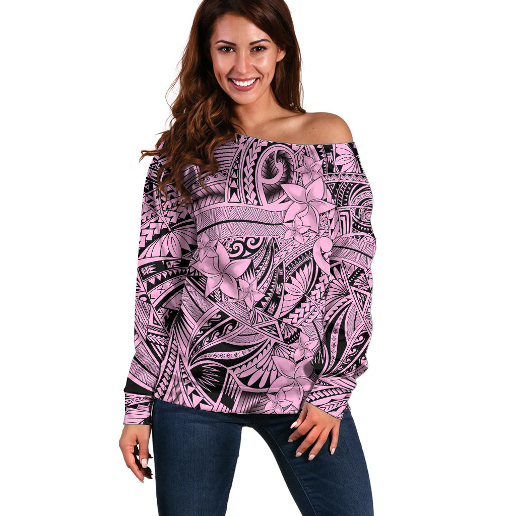 Polynesia Off Shoulder Sweater Tribal Polynesian Spirit With Pink Pacific Flowers LT9 Women Pink - Polynesian Pride