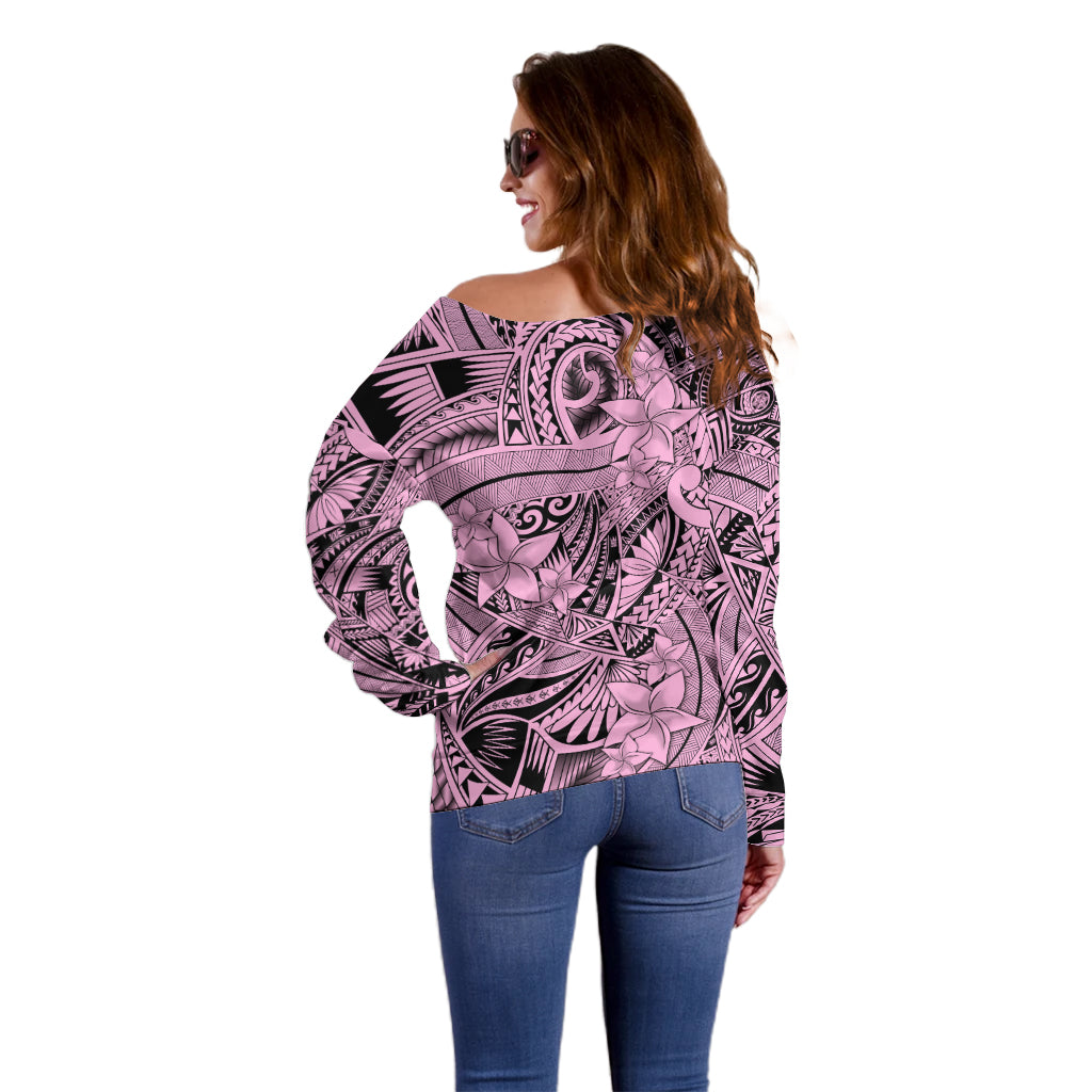 Polynesia Off Shoulder Sweater Tribal Polynesian Spirit With Pink Pacific Flowers LT9 - Polynesian Pride