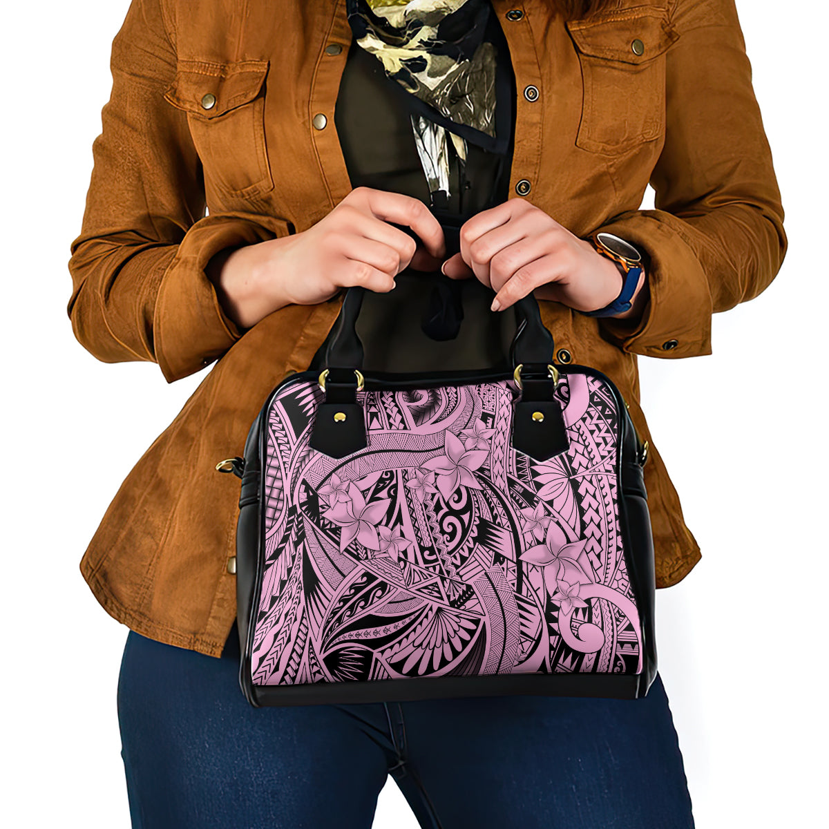 Polynesia Shoulder Handbag Tribal Polynesian Spirit With Pink Pacific Flowers LT9 - Polynesian Pride