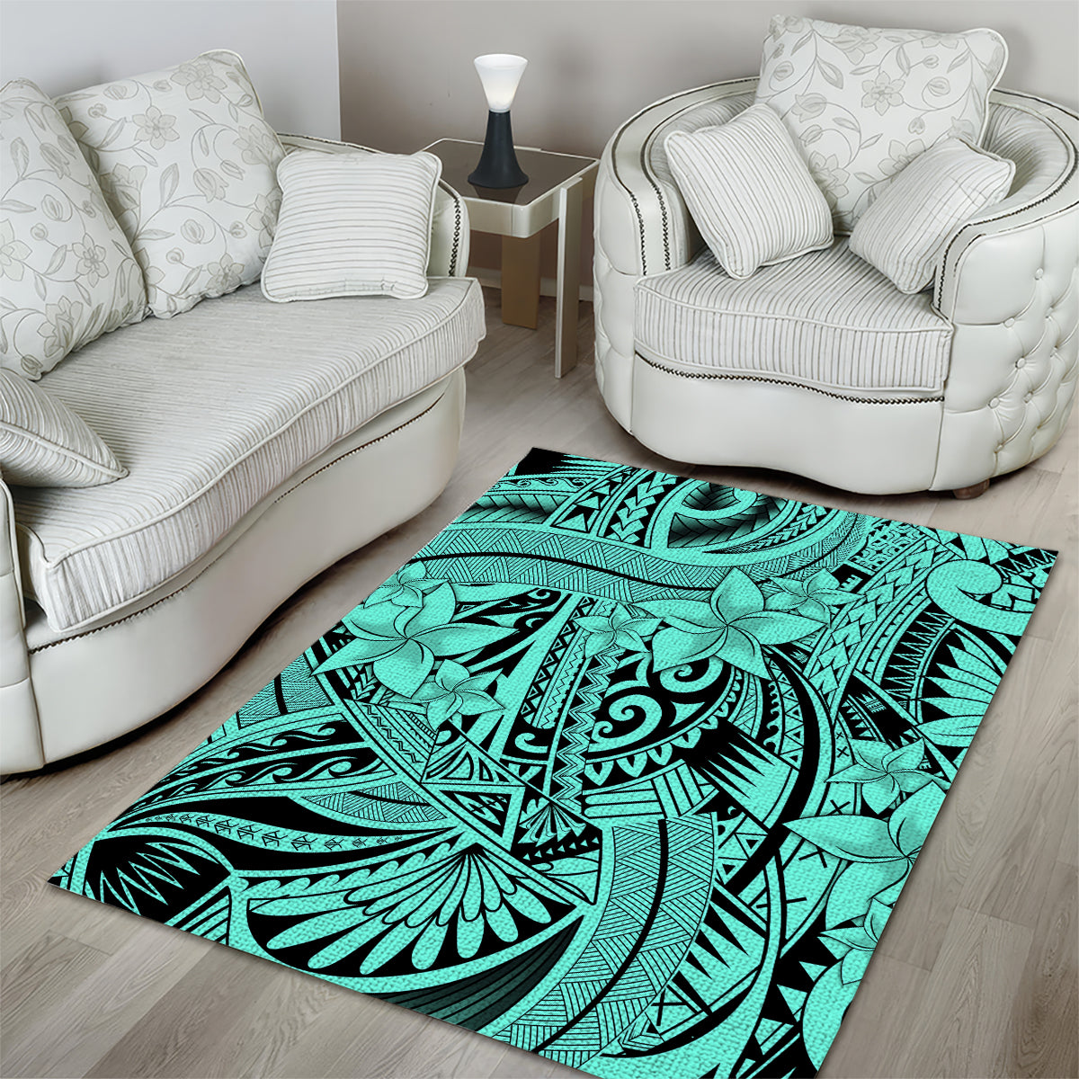 Polynesia Area Rug Tribal Polynesian Spirit With Teal Pacific Flowers LT9 - Polynesian Pride