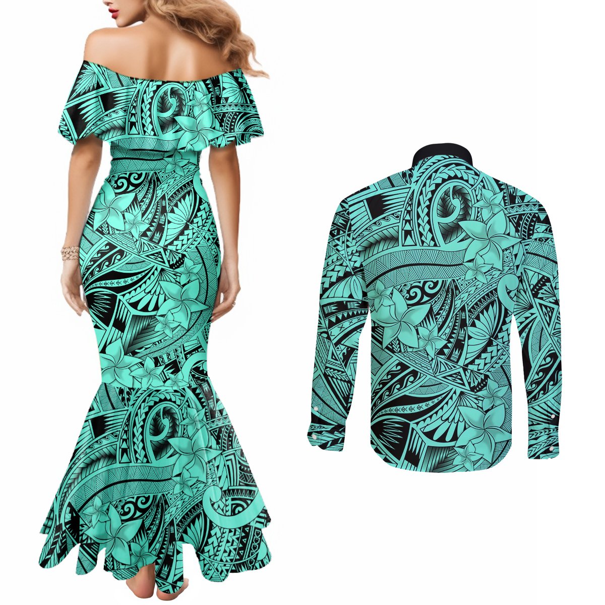 Polynesia Couples Matching Mermaid Dress and Long Sleeve Button Shirt Tribal Polynesian Spirit With Teal Pacific Flowers LT9 - Polynesian Pride