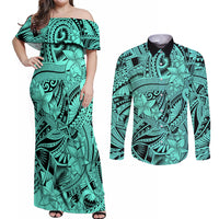 Polynesia Couples Matching Off Shoulder Maxi Dress and Long Sleeve Button Shirt Tribal Polynesian Spirit With Teal Pacific Flowers LT9 Teal - Polynesian Pride