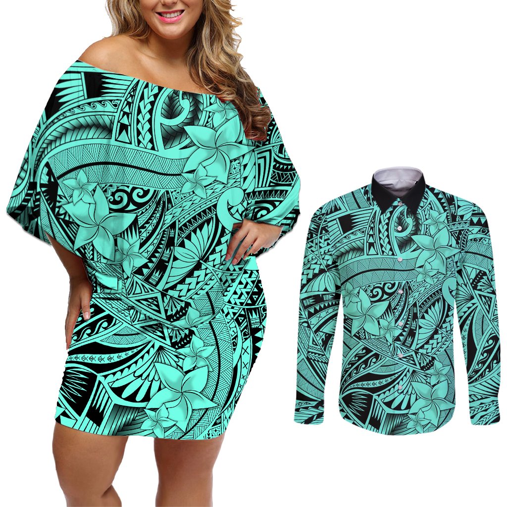 Polynesia Couples Matching Off Shoulder Short Dress and Long Sleeve Button Shirt Tribal Polynesian Spirit With Teal Pacific Flowers LT9 Teal - Polynesian Pride