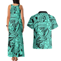 Polynesia Couples Matching Tank Maxi Dress and Hawaiian Shirt Tribal Polynesian Spirit With Teal Pacific Flowers LT9 - Polynesian Pride