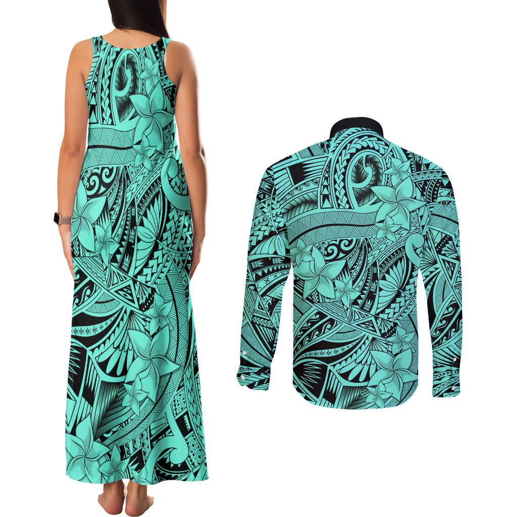 Polynesia Couples Matching Tank Maxi Dress and Long Sleeve Button Shirt Tribal Polynesian Spirit With Teal Pacific Flowers LT9 - Polynesian Pride