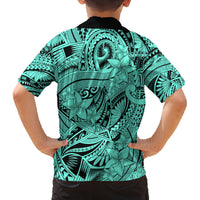 Polynesia Family Matching Off Shoulder Maxi Dress and Hawaiian Shirt Tribal Polynesian Spirit With Teal Pacific Flowers LT9 - Polynesian Pride
