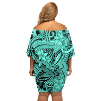 Polynesia Family Matching Off Shoulder Short Dress and Hawaiian Shirt Tribal Polynesian Spirit With Teal Pacific Flowers LT9 - Polynesian Pride
