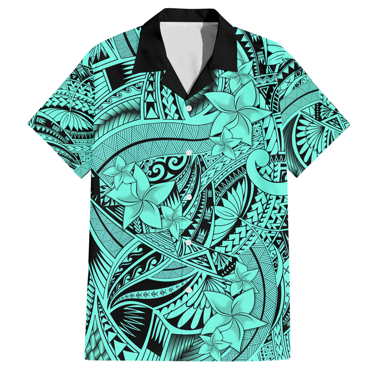 Polynesia Family Matching Summer Maxi Dress and Hawaiian Shirt Tribal Polynesian Spirit With Teal Pacific Flowers LT9 Dad's Shirt - Short Sleeve Teal - Polynesian Pride