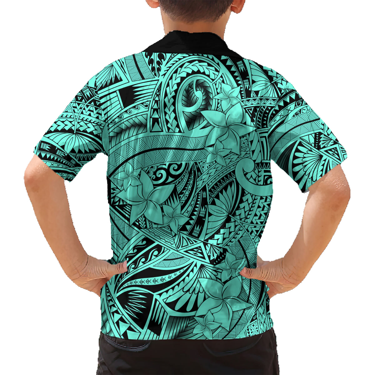 Polynesia Kid Hawaiian Shirt Tribal Polynesian Spirit With Teal Pacific Flowers LT9 - Polynesian Pride